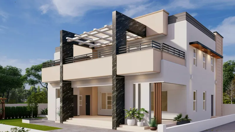 Residencia moderna de muros claros con pérgola de madera, columnas de mármol negro y jardín frontal