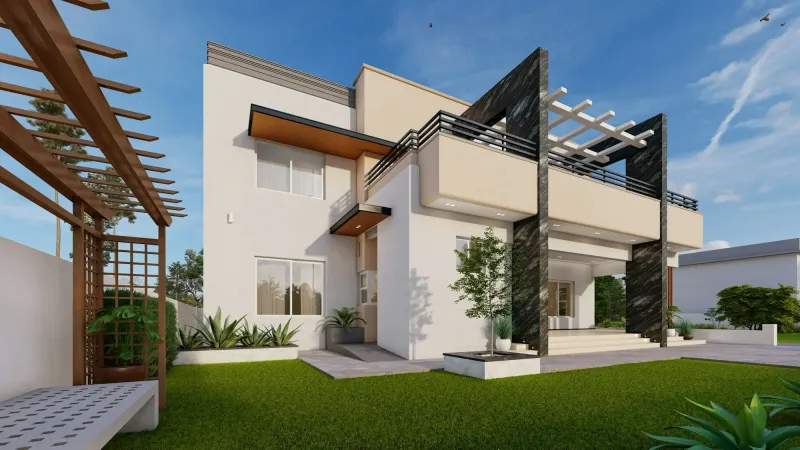 Vivienda de dos niveles con terraza, barandal metálico y columnas revestidas de piedra negra